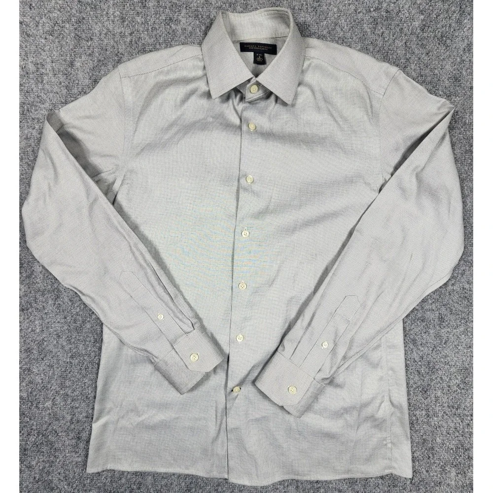 Banana Republic Mens Non Iron Slim Fit Dress Shirt Grey White Cotton Small